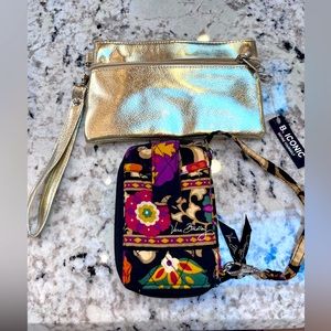 Vera Bradley wristlet and gold clutch